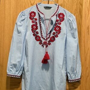 Brooks Brothers
 Blue & White Striped Tunic with Red Floral